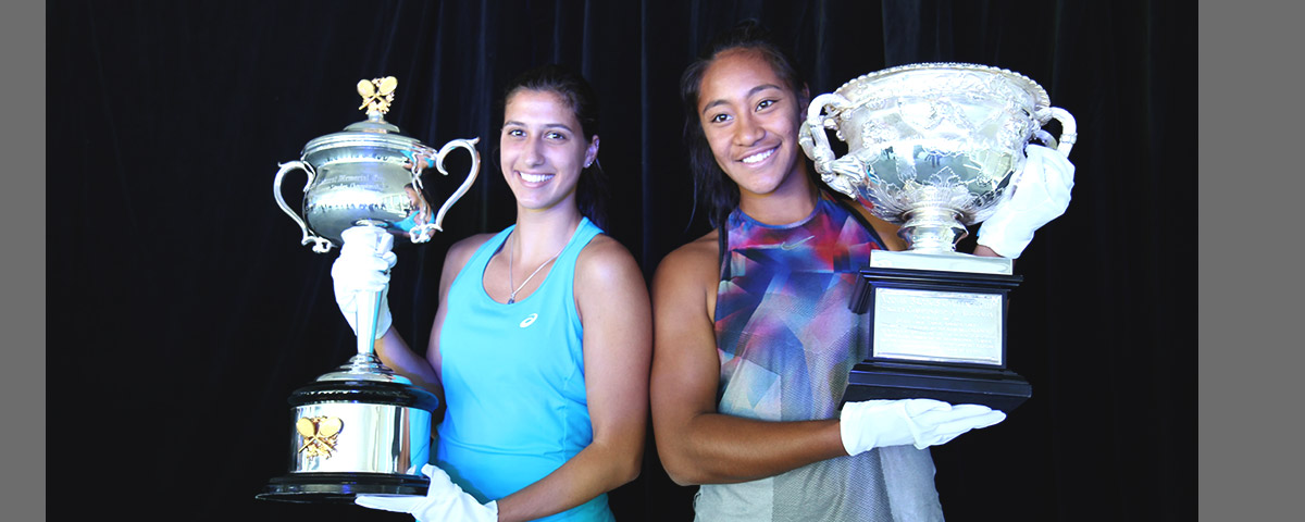 Australian tennis players Jaimee Fourlis, Destiny Aiava with Australian Open trophies